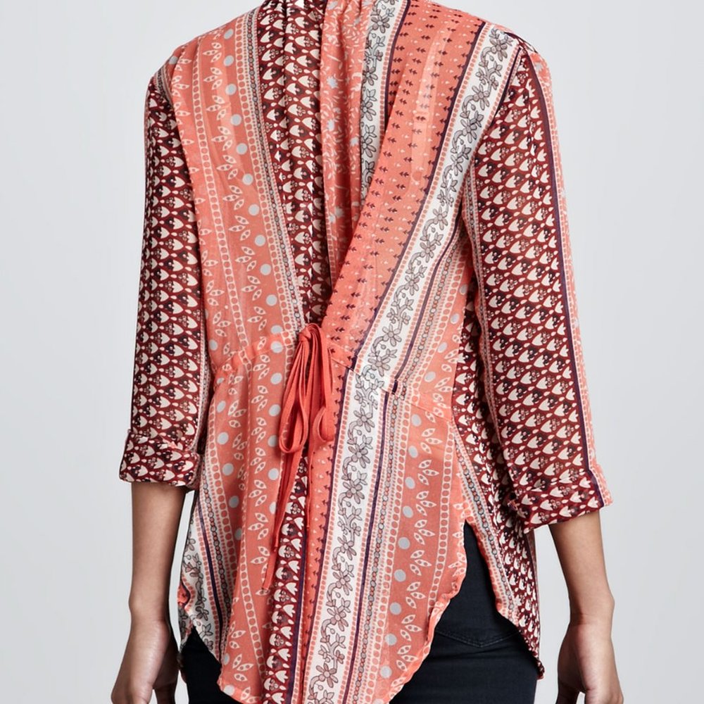 Free People Moonlight Mile Mixed-Print Top in Hot Coral Combo - Picture 2 of 8